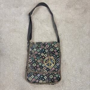 Vintage 90s Y2K Floral Embroidered Peace Sign Crossbody Messenger Bag